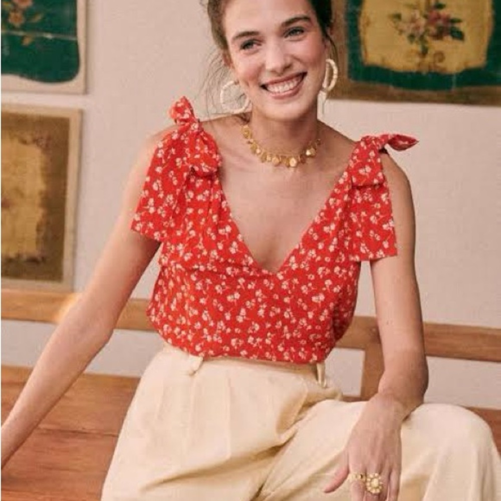 Sezane Red Floral Tie-Shoulder V-Neck  silk Women's Top